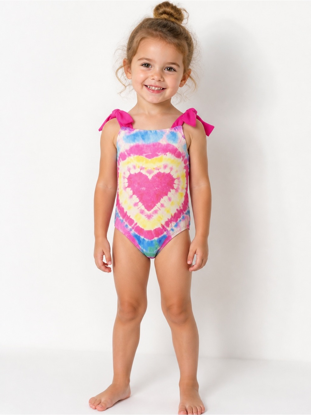 Kids One-Piece Swimsuit - Pink Tie-Dye Heart